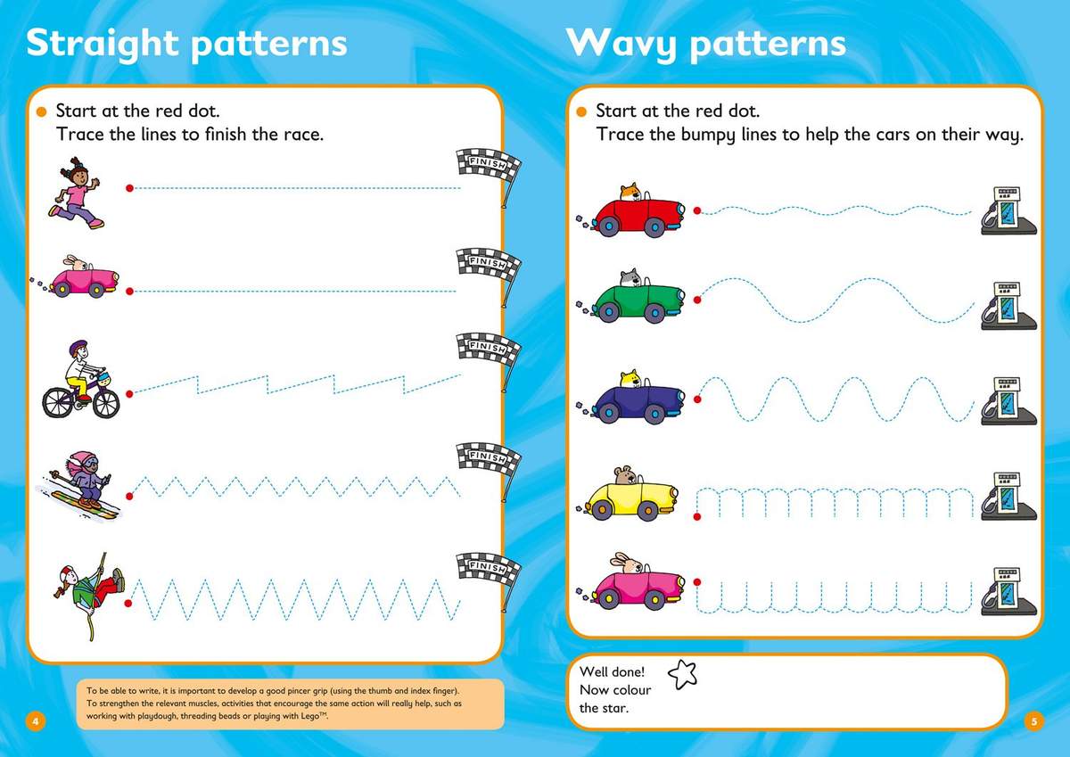Children trace straight and wavy lines to help characters reach a finish line, then colour a star