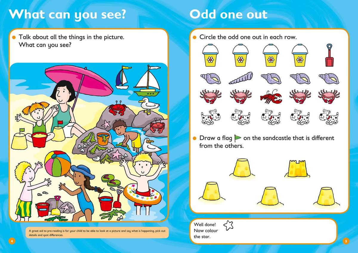Children describe a busy beach scene, circle the odd items out, and colour a star to finish