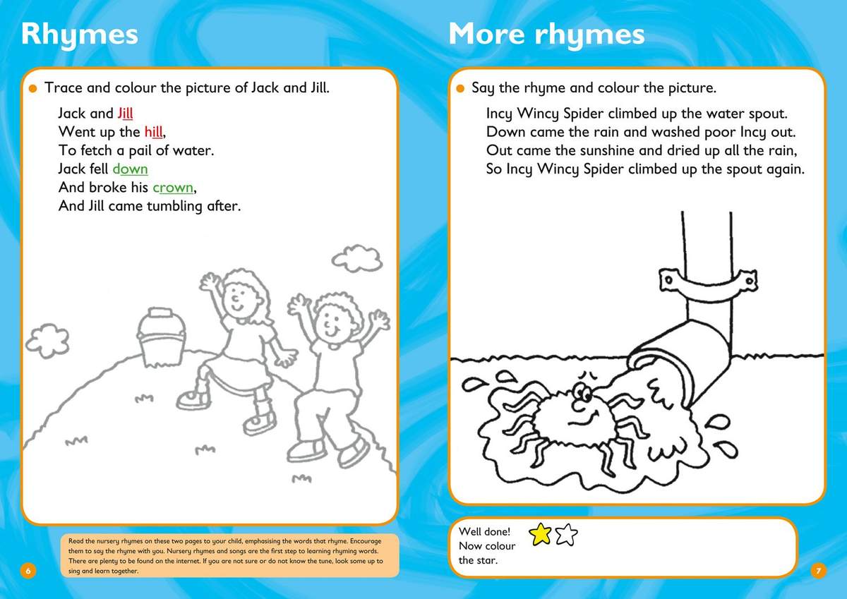 Children trace and colour Jack and Jill, then say the Incy Wincy Spider rhyme and colour the spider