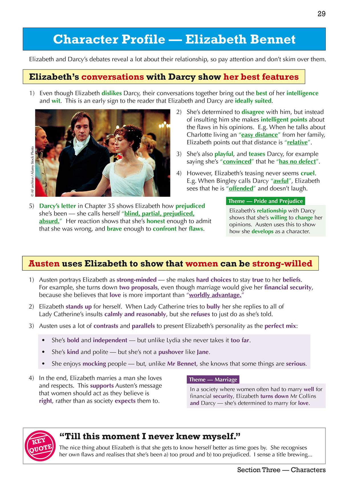 A detailed analysis of Elizabeth Bennet's character, using film stills and text to explore her wit, independence and growth