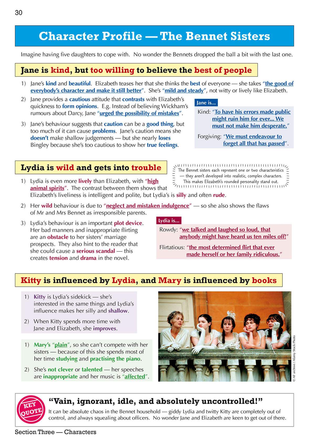A detailed breakdown of the Bennet sisters' personalities, complete with key quotes and a photograph of the cast
