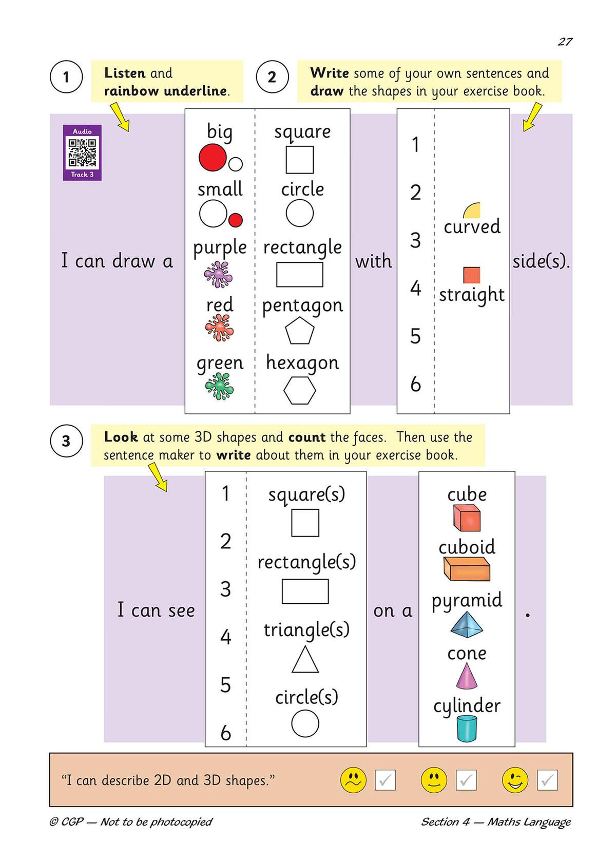 Children listen to audio, underline words, draw shapes, and write sentences to describe 2D and 3D shapes