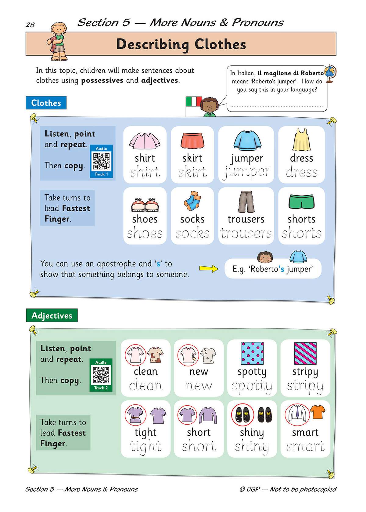 Children trace clothes vocabulary and adjectives, circle examples, and learn to use possessives and adjectives to describe