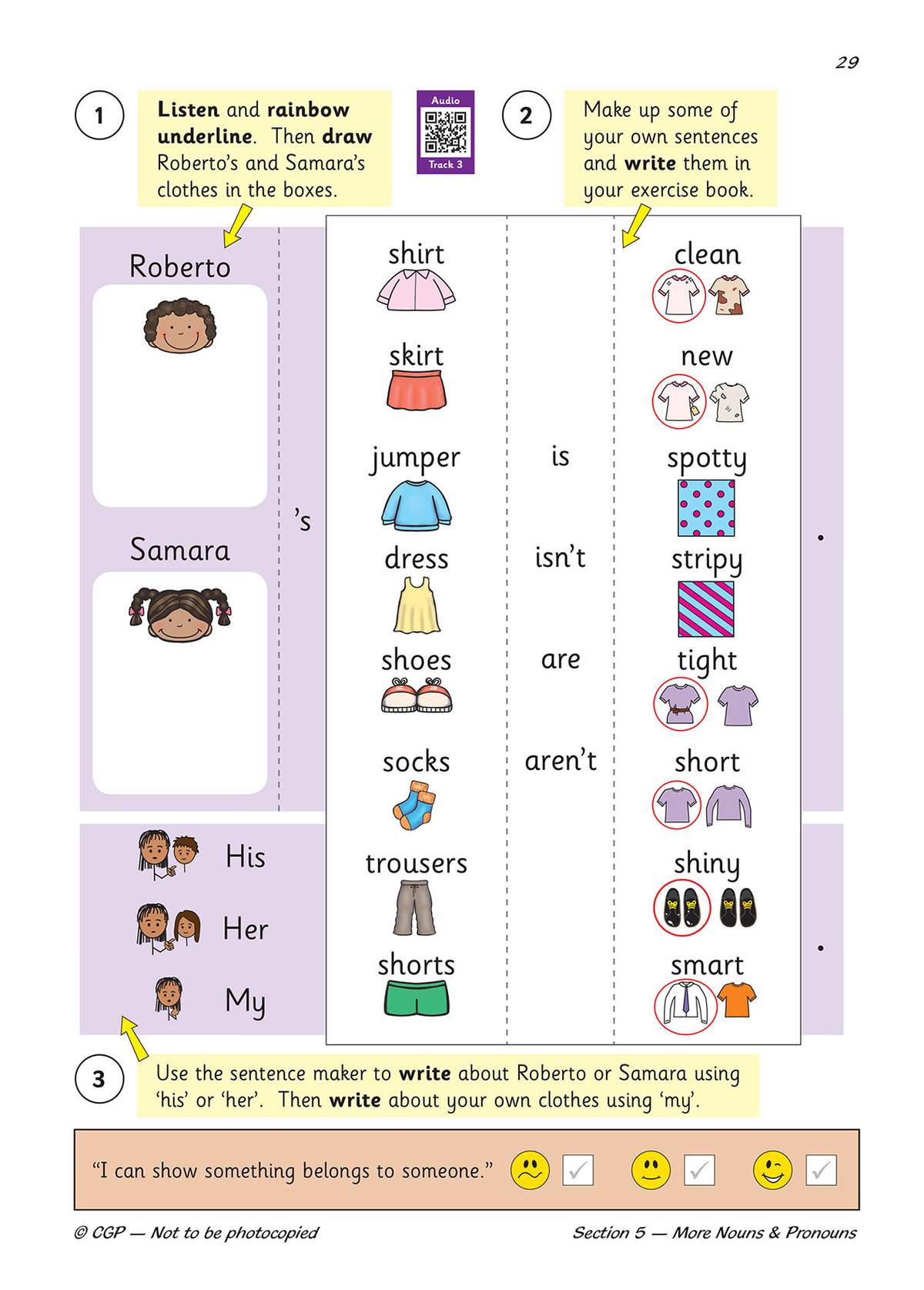 Children listen to audio, colour clothes for Roberto and Samara, and write sentences using 'his', 'her' and 'my'
