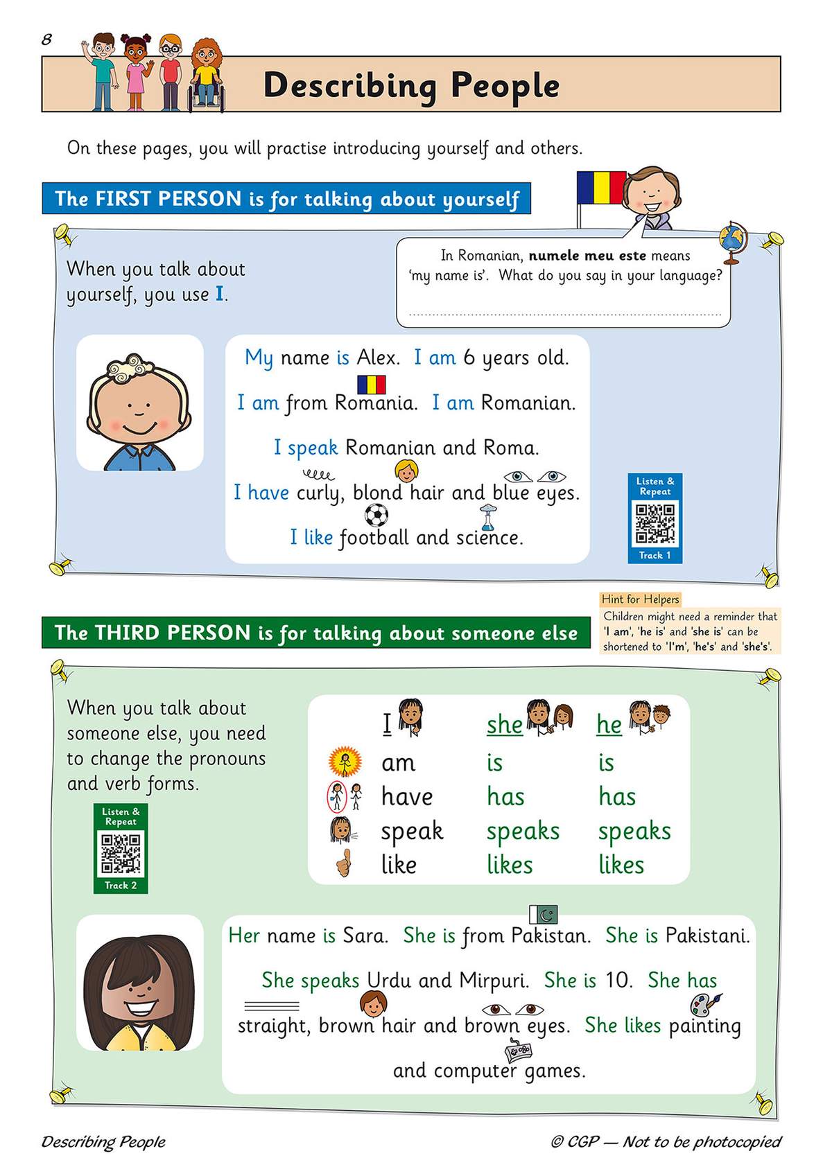 A lesson on describing people using first and third person pronouns, with examples and visual aids