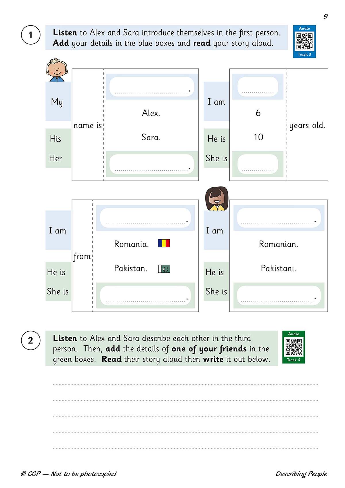Children fill in boxes with names and ages, then write a story about a friend based on audio instructions