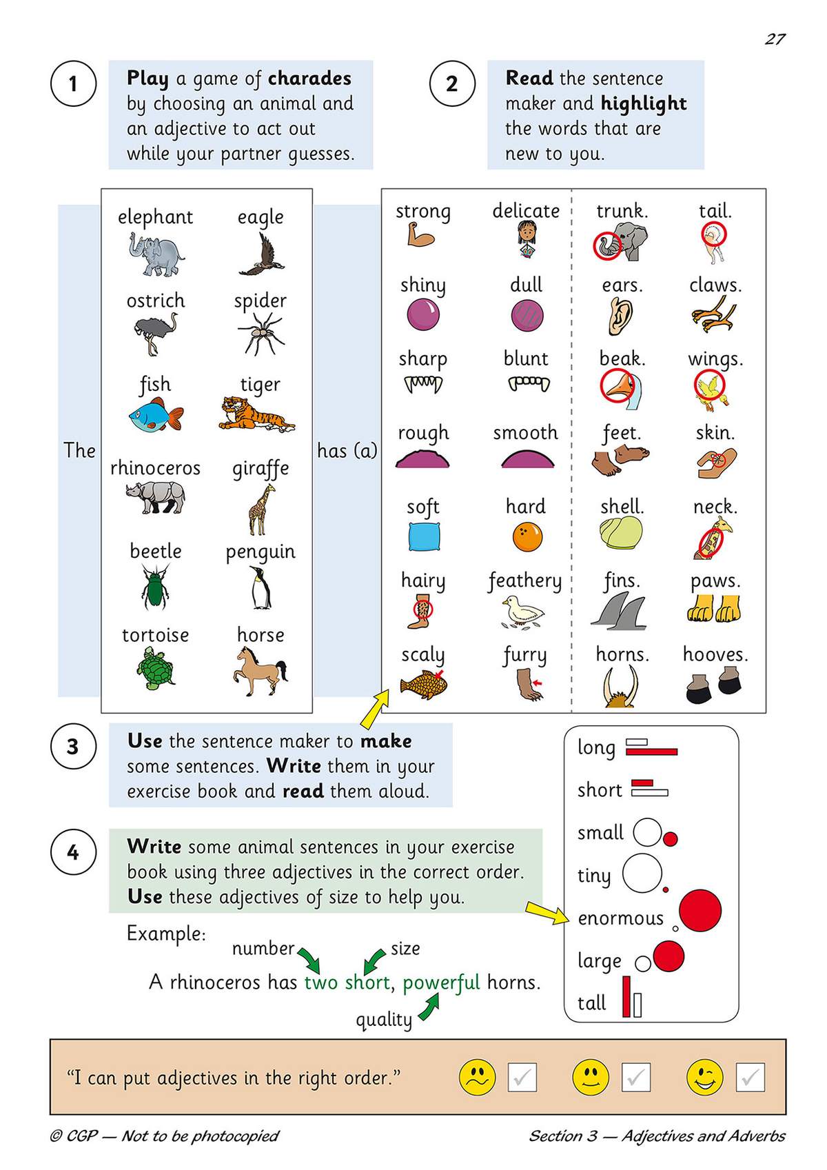 Children match animals to adjectives, write sentences using size words, and self-assess their progress with smiley faces