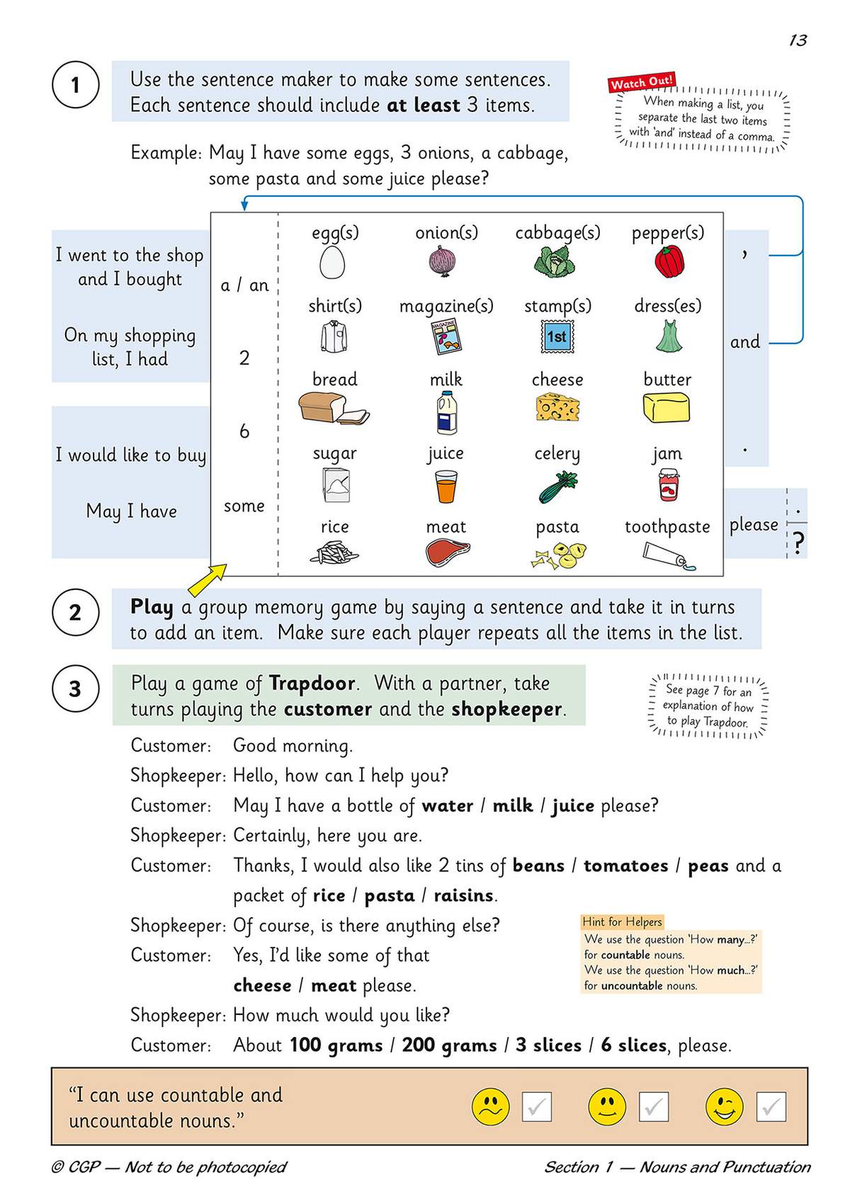 Children complete a sentence-making task using a word bank of food and shop items