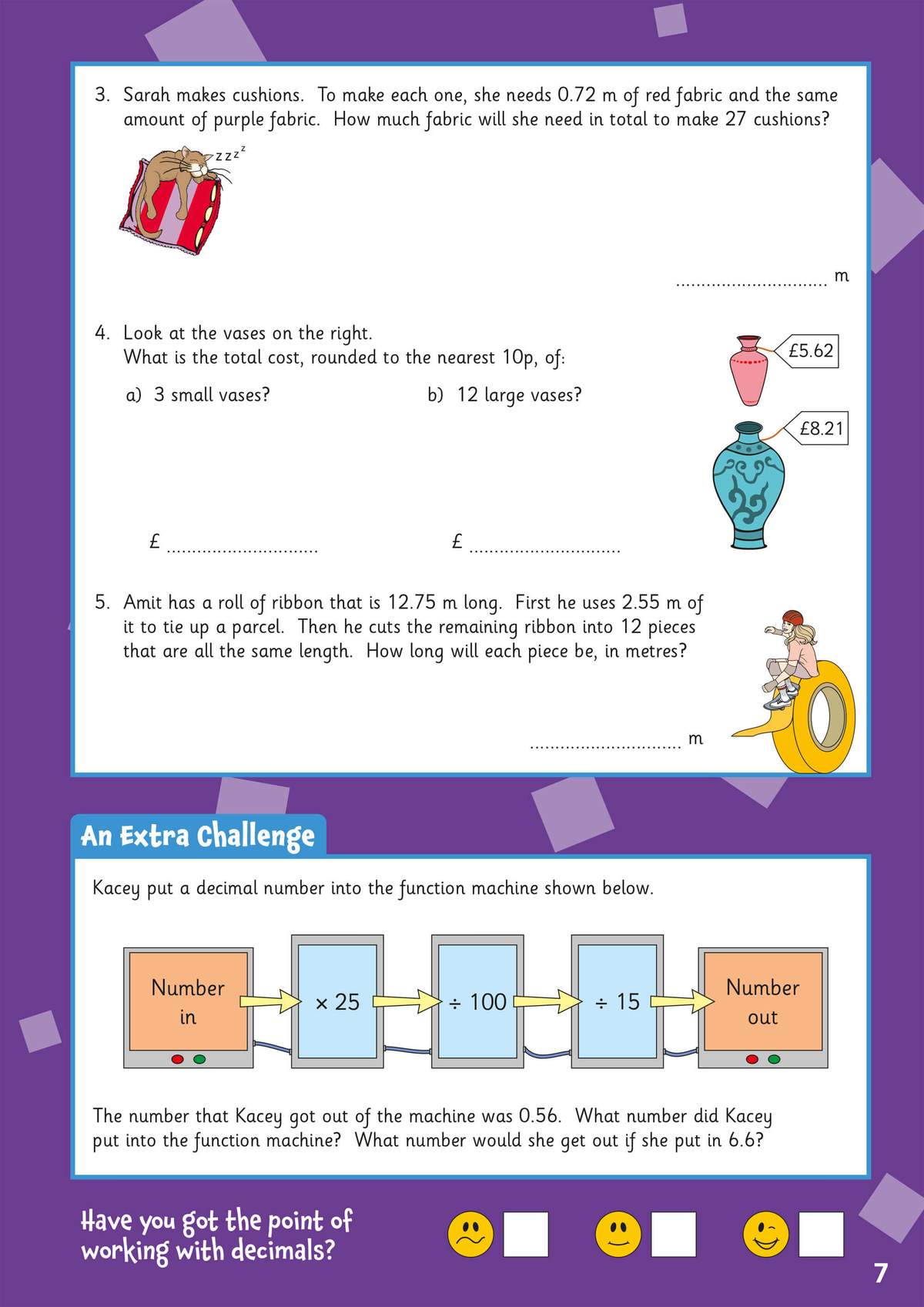 Children solve three decimal word problems and reverse a function machine, with a self-assessment smiley face at the bottom