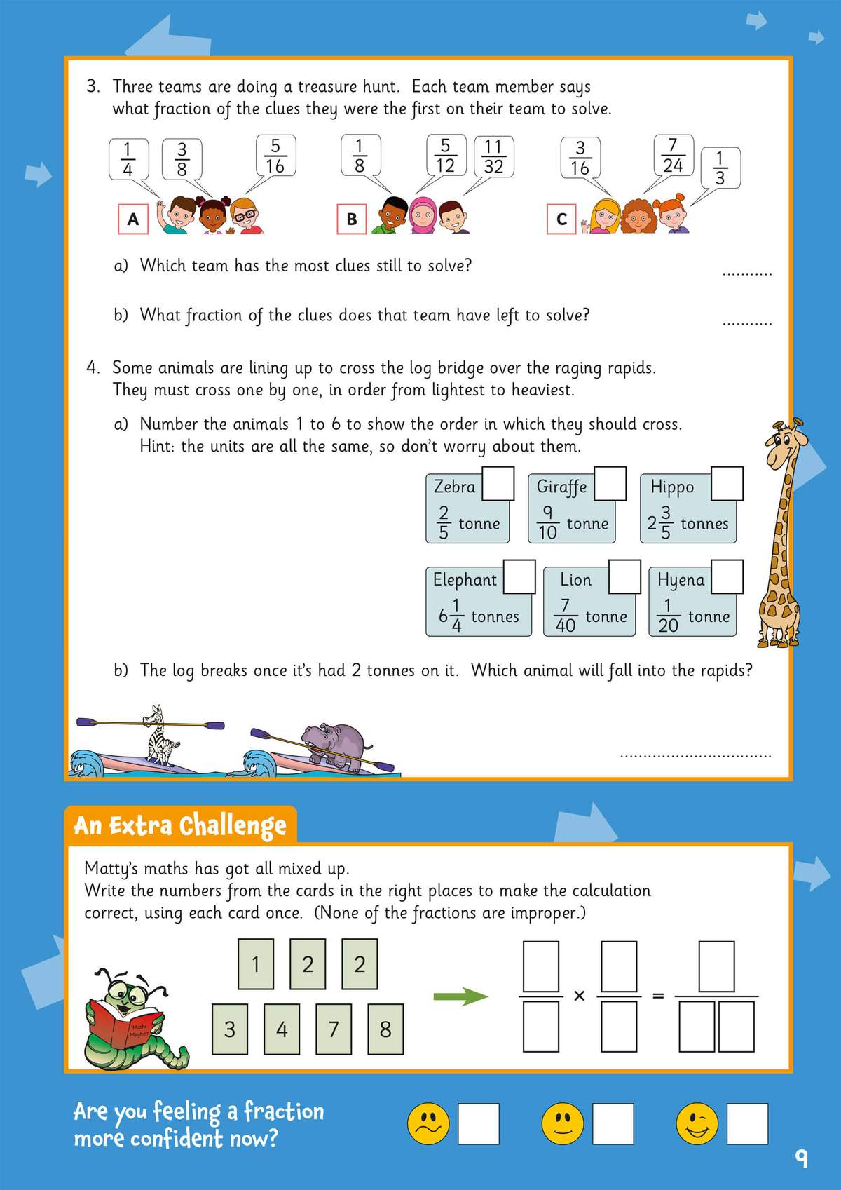 Children order animals by weight using fractions, solve a fraction multiplication puzzle