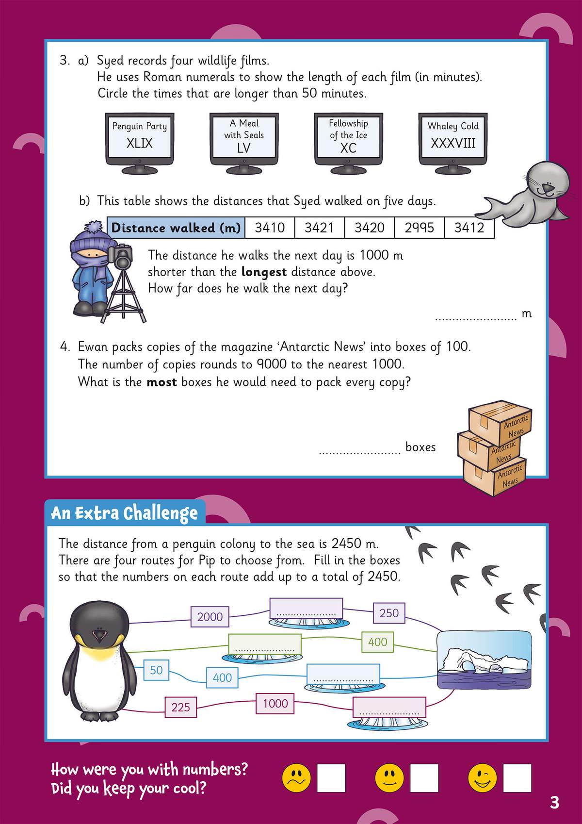 Children circle Roman numerals, calculate distances, and fill boxes to solve a penguin route puzzle