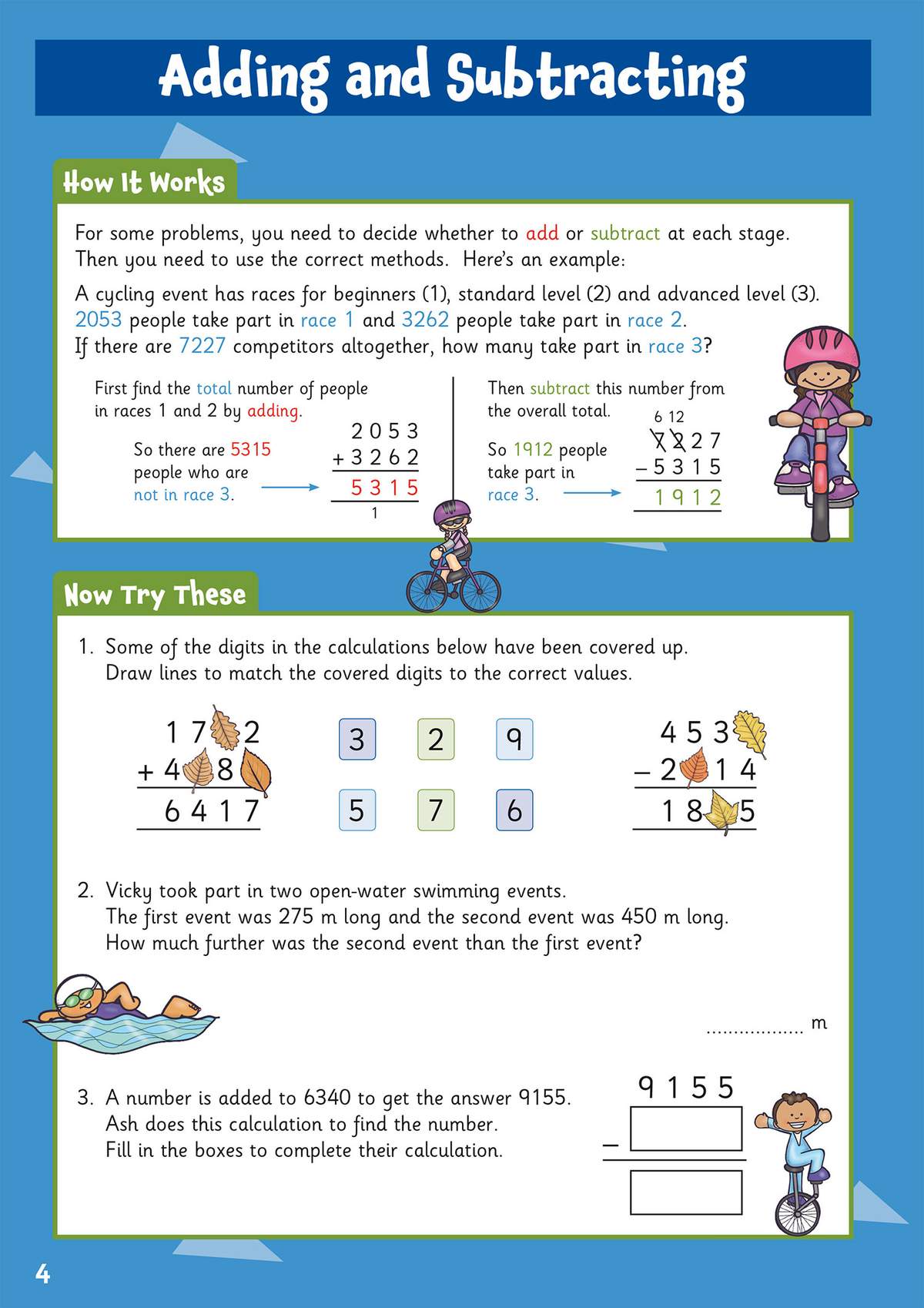 Children solve three multi-step word problems involving cycling and swimming