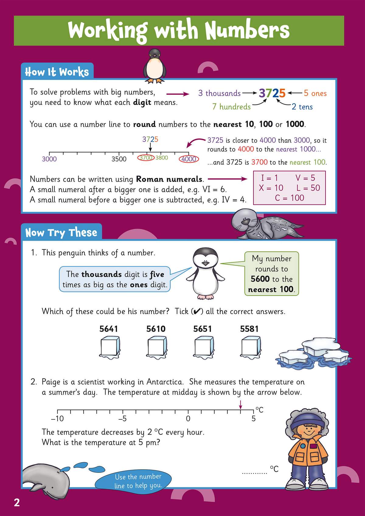 Children round numbers to the nearest 10, 100 or 1000, then solve two problems involving digit clues and temperature changes