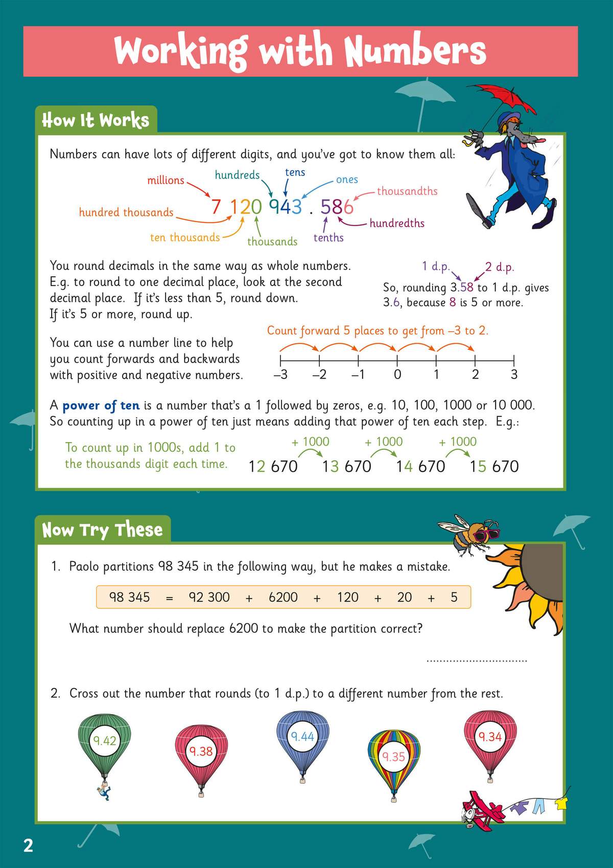A page teaching place value and rounding, followed by two questions on partitioning and identifying rounding errors