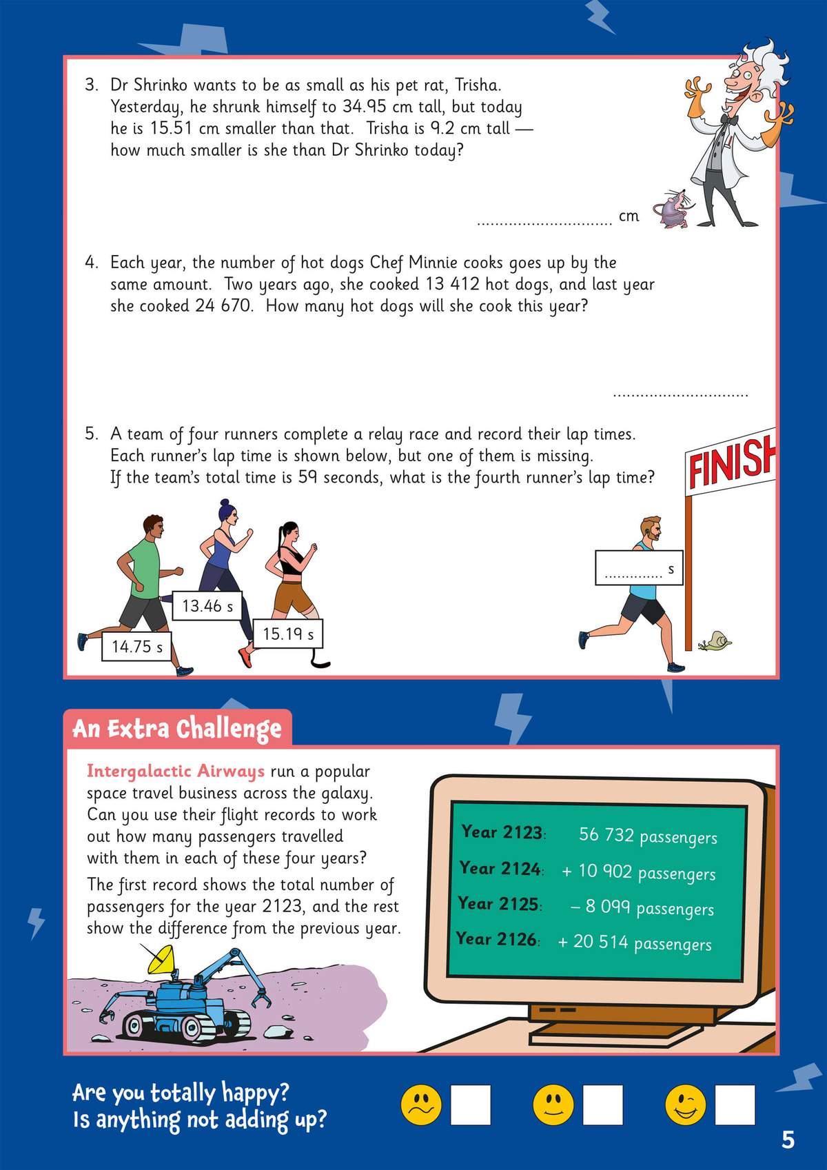 Children solve four word problems involving subtraction, addition and data, plus a challenge on cumulative passenger numbers
