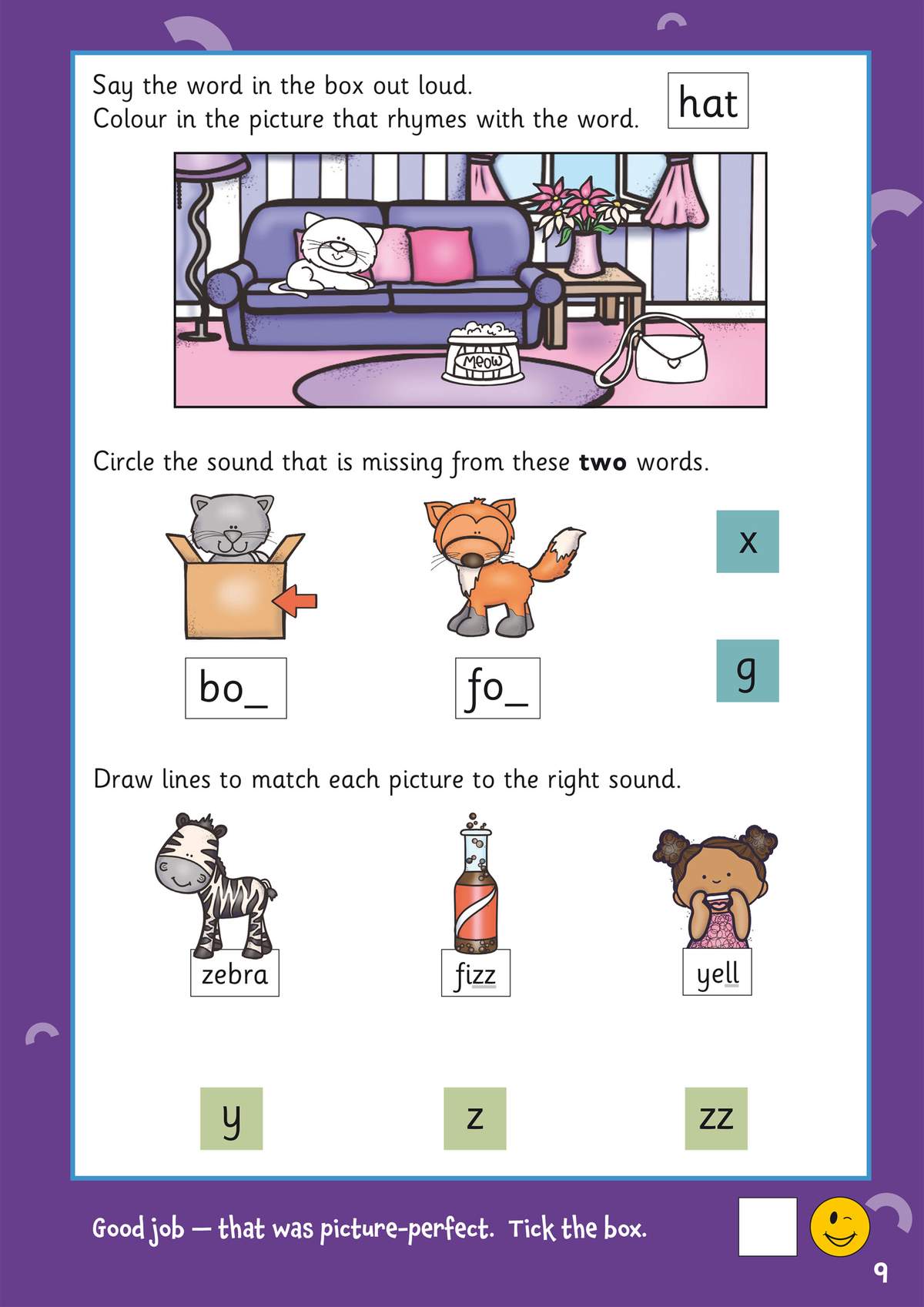Children colour a rhyming picture, circle missing sounds in words, and match pictures to their phonemes