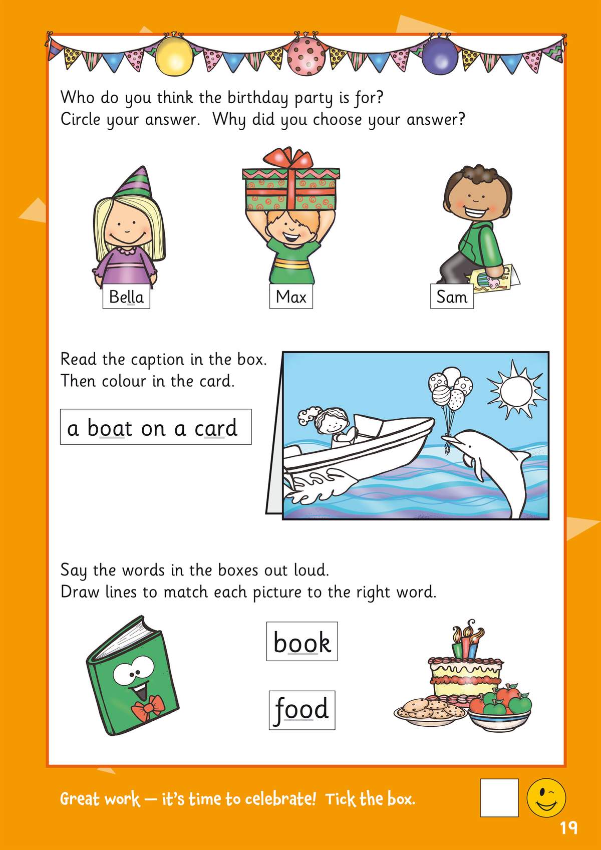 Children circle a character, colour a card, match words to pictures, and write a reason for their choice