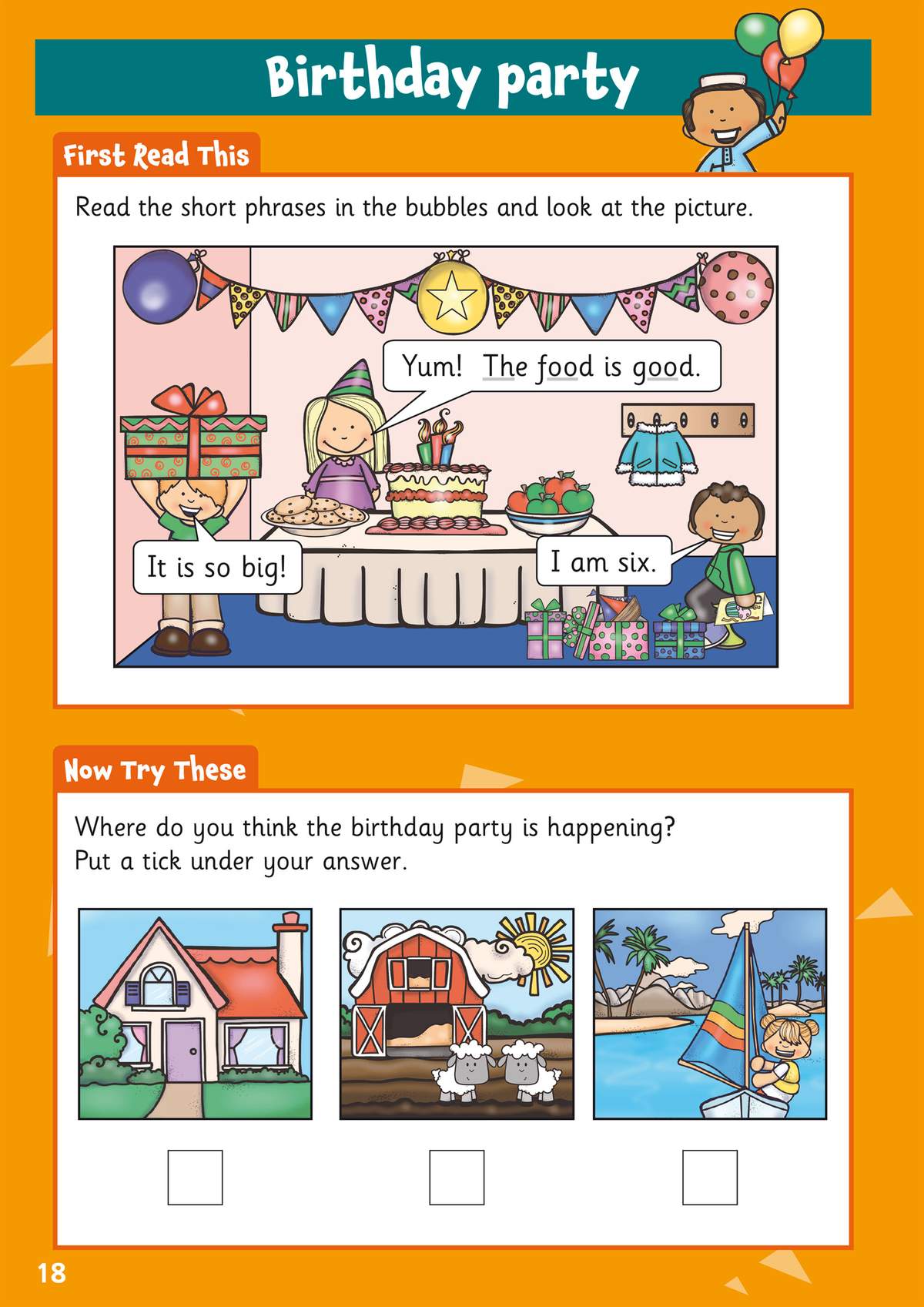 Children read short phrases in a cartoon scene, then tick the picture that shows where the party is happening