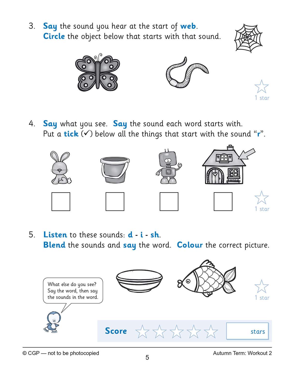 Children identify initial sounds, tick boxes, colour pictures and blend sounds to spell words