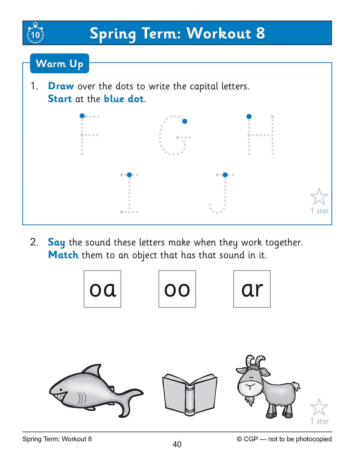 Children trace capital letters F to J, then match digraph sounds to pictures of a shark, book and goat