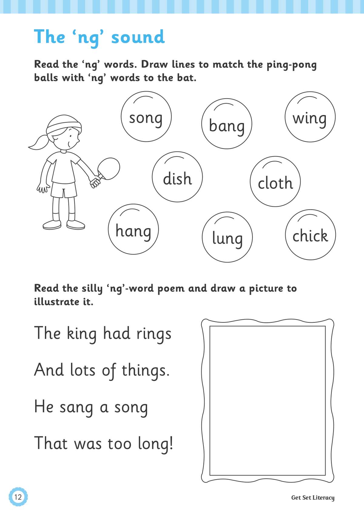 Children match 'ng' words to a bat and draw a picture for a short poem about a king