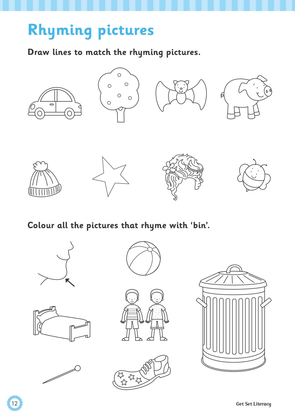 Children draw lines to match rhyming pictures, then colour items that rhyme with 'bin' to practise phonics