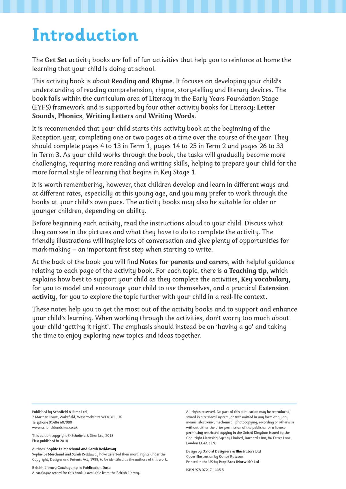 An introduction explaining how to use the Reading and Rhyme workbook, including a schedule for Reception year