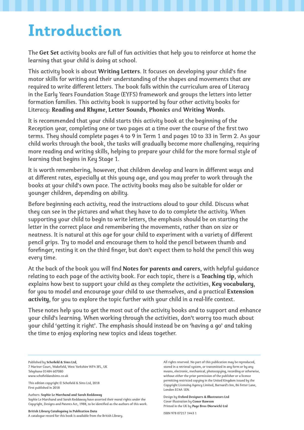 An introduction explaining how to use the Writing Letters workbook to support fine motor skills and letter formation