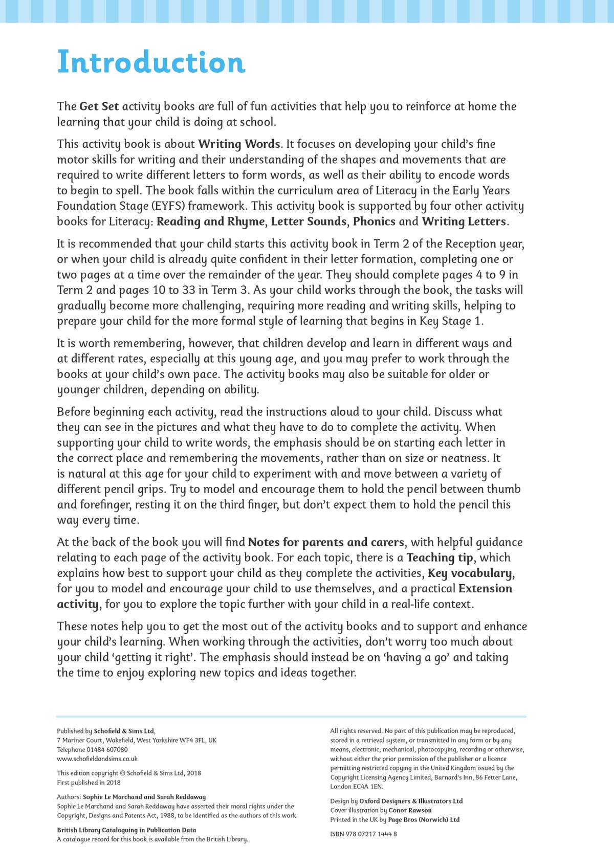 An introduction explaining how to use the book to develop fine motor skills and letter formation for Reception children