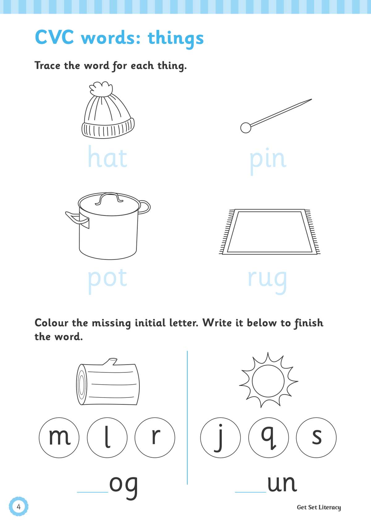 Children trace four CVC words under pictures, then circle the correct initial letter and write it to complete two more words