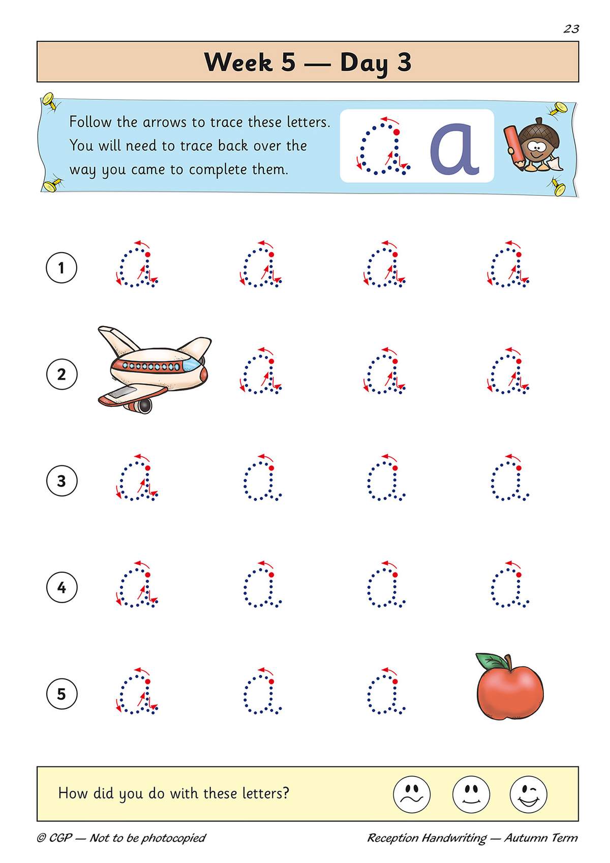 Children trace the letter a with arrows, then tick a face to say how they did