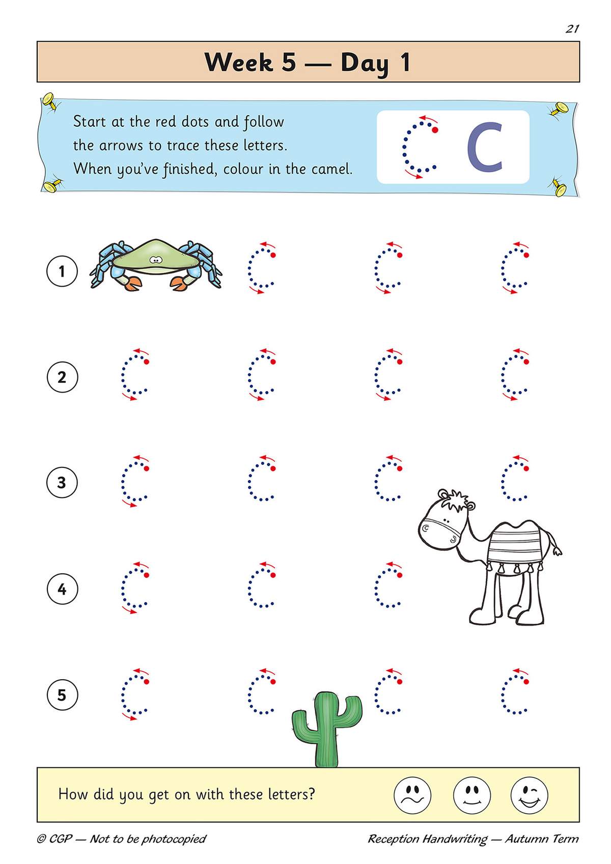 Children trace the letter C five times, colour a camel, and tick a face to show how they got on