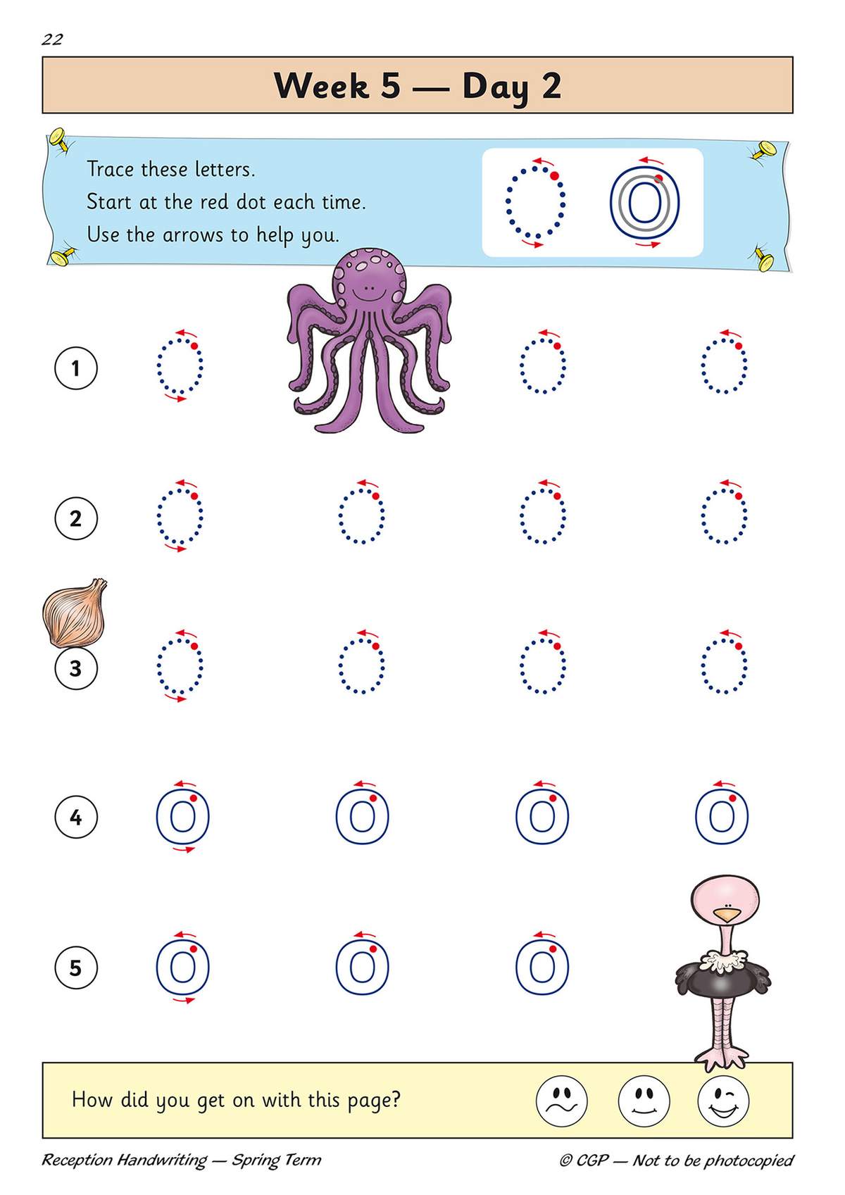 Children trace the letter O five times, following arrows and red dots to learn correct stroke order