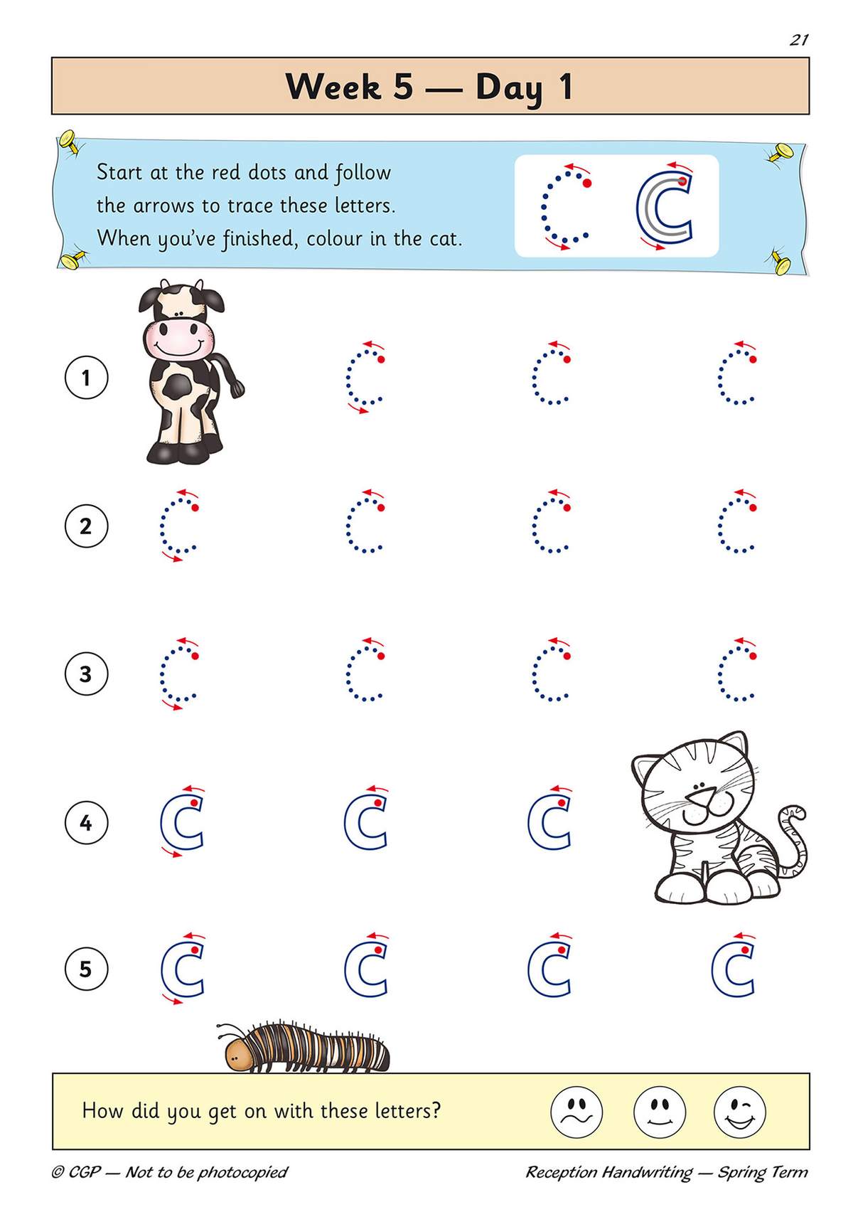 Children trace the letter C from red dots, then colour in the cat and tick a face to show how they got on