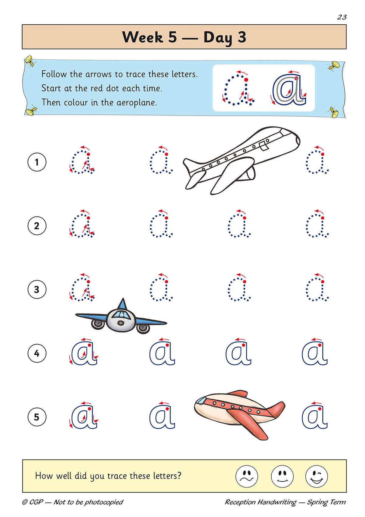 Children trace the letter 'a' following arrows, colour in aeroplanes, and tick a face to self-assess their handwriting