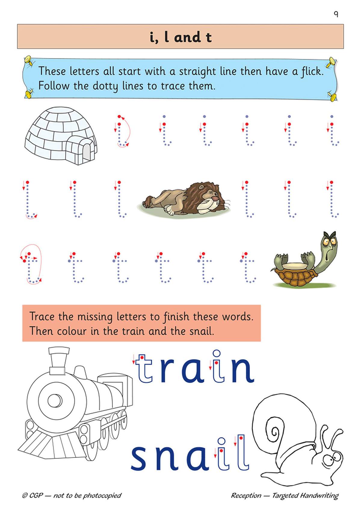 Children trace dotted letters i, l and t, then fill in missing letters to complete the words train and snail before