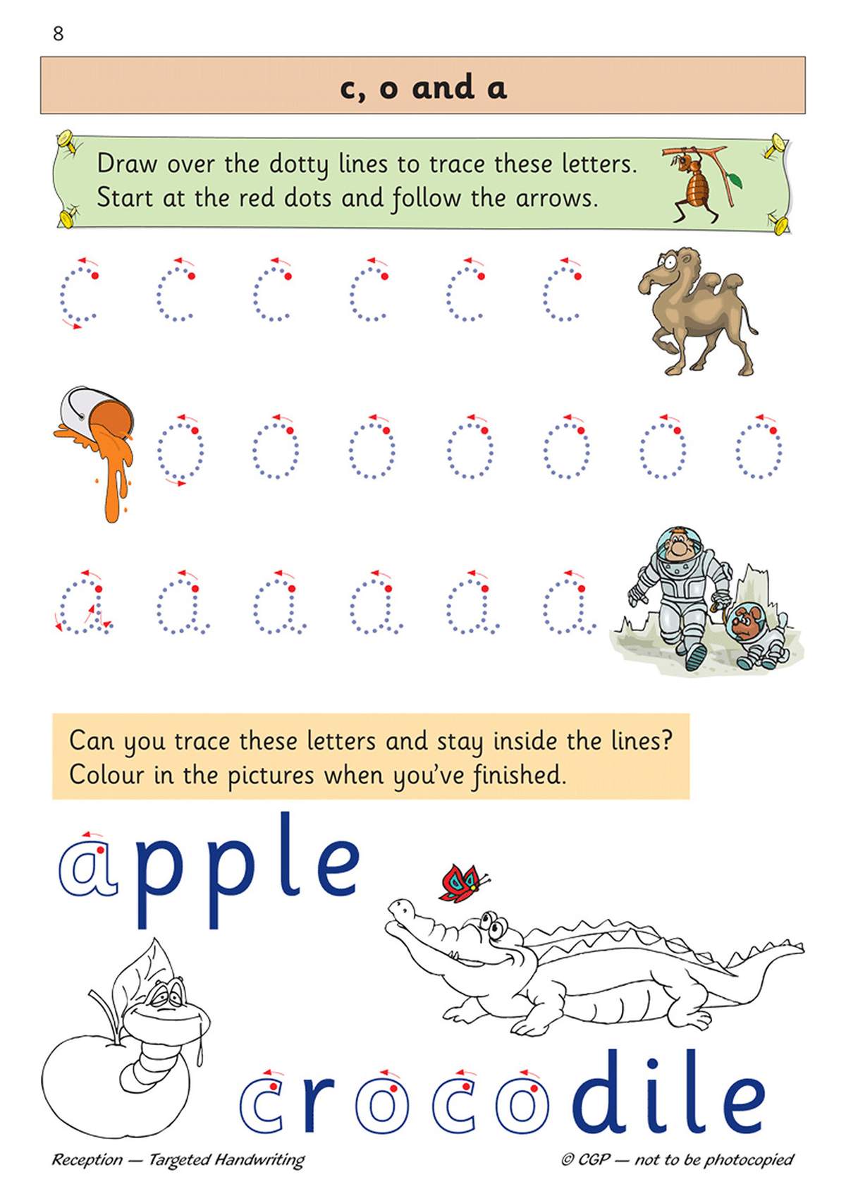 Children trace dotted letters c, o and a, then colour pictures of an apple and crocodile to finish