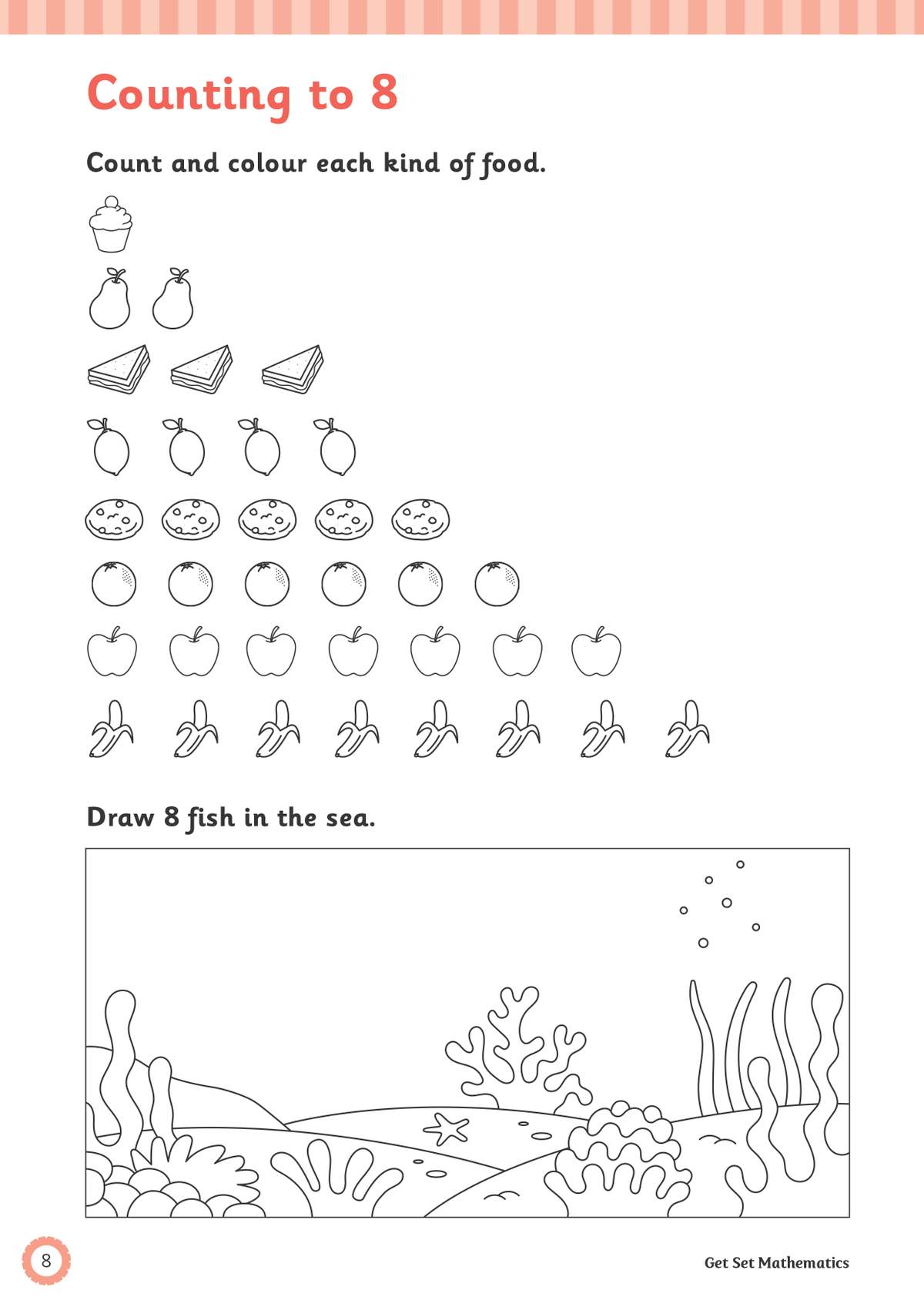 Children count eight types of food and colour them, then draw eight fish in an underwater scene