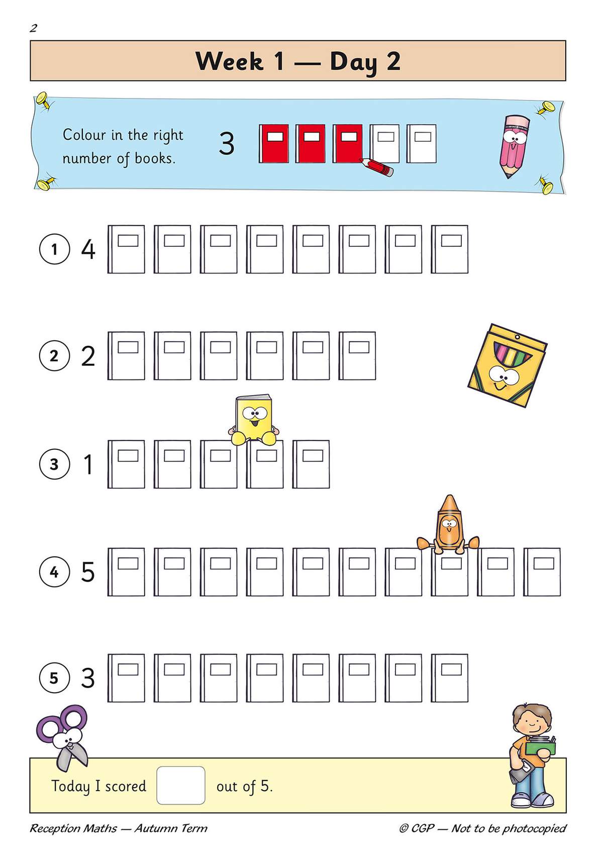 Children colour the correct number of books for each number, then tick a box to record their score