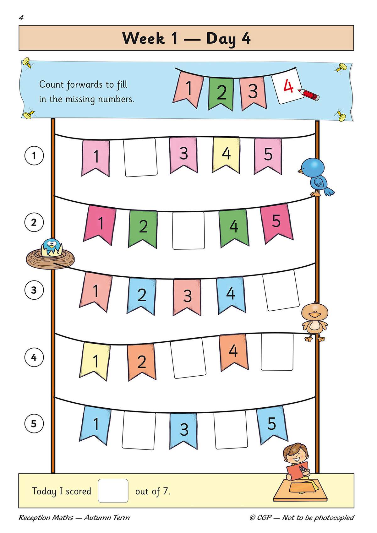 Children fill in missing numbers on five rows of bunting flags, then tick a box to record their score out of 7