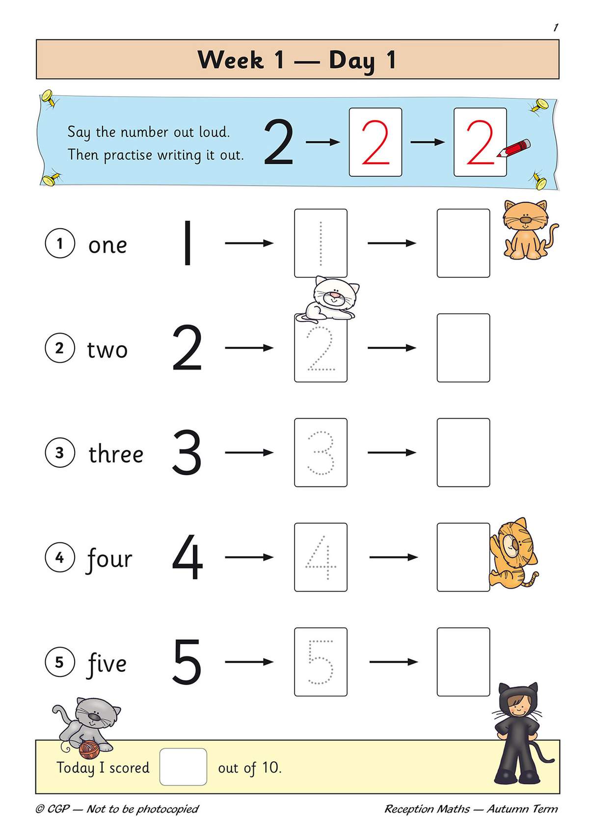 Children trace numbers one to five, then write them in boxes, with a self-score box at the bottom