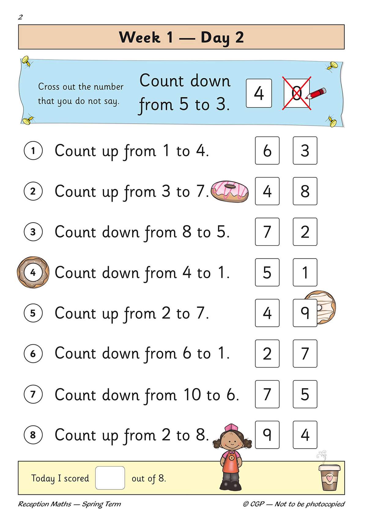 Eight counting exercises where children circle the correct number to count up or down, with a self-scoring box at the bottom