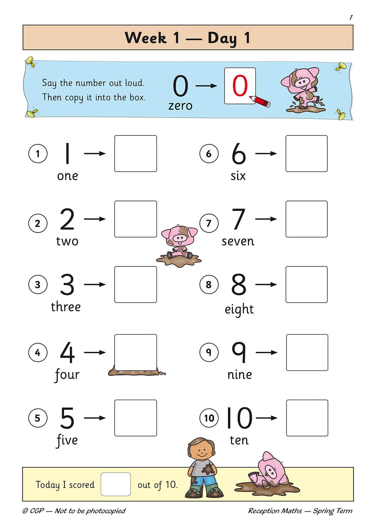 Children copy numerals 0 to 10 into boxes after saying the number words, then tick a score out of 10