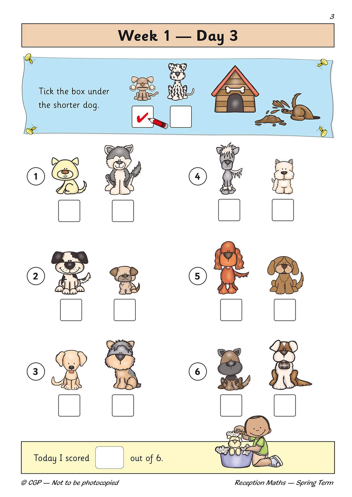 Children tick the shorter dog in six pairs and colour a box to record their score out of six