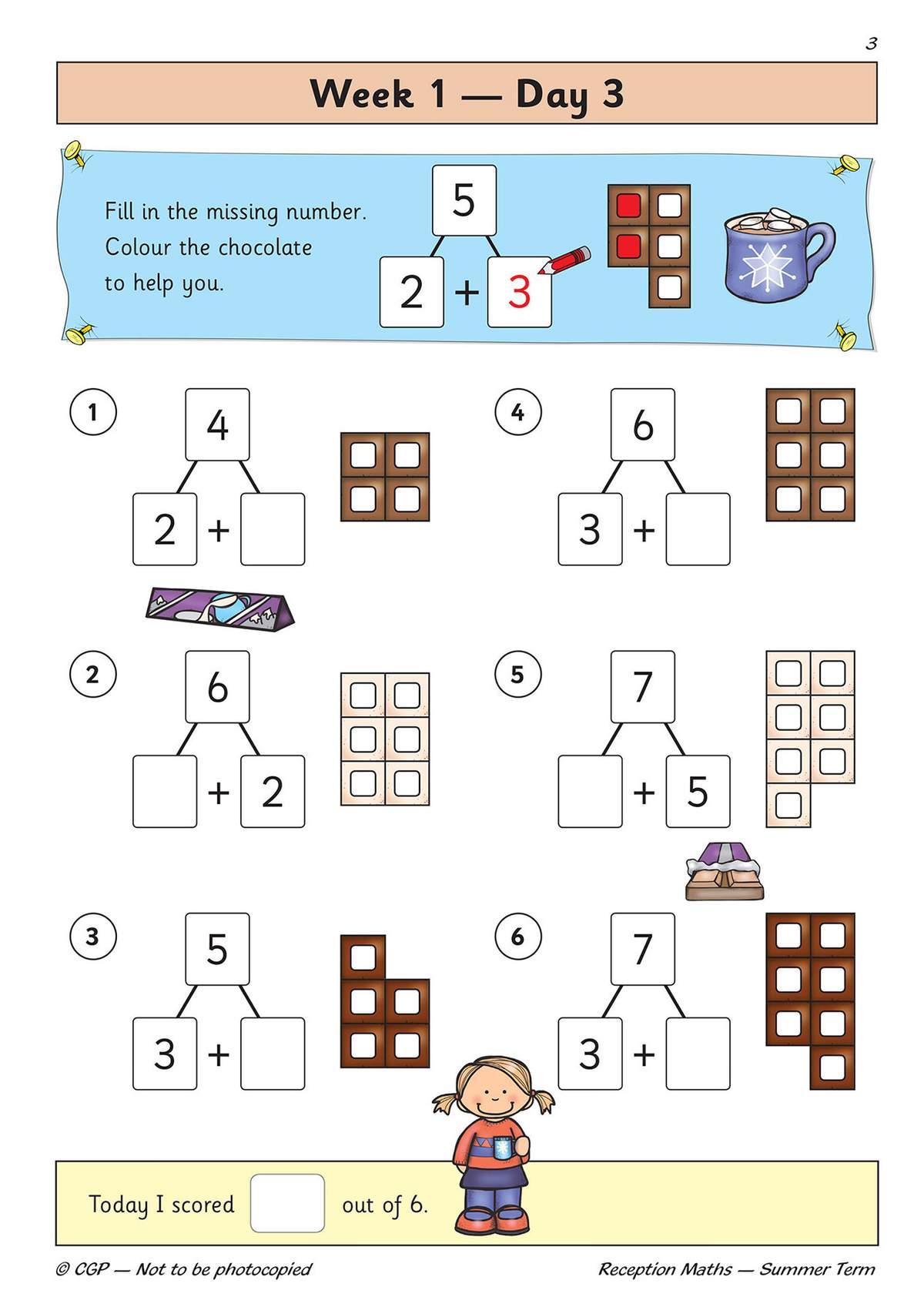 Children fill in missing numbers in addition sums to 7, colour chocolate squares to help, and tick a score box