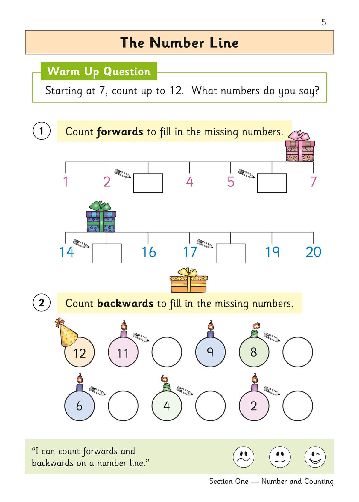 Children fill in missing numbers on two number lines, counting forwards and backwards