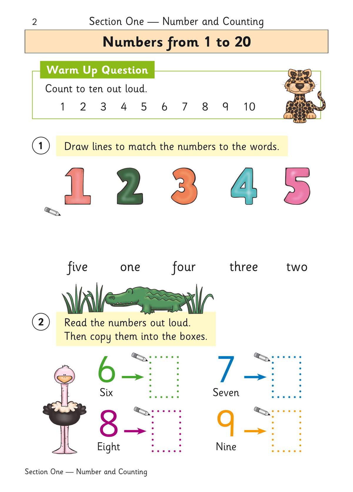 Children match numerals to words, then copy numbers into dotted boxes to practise handwriting