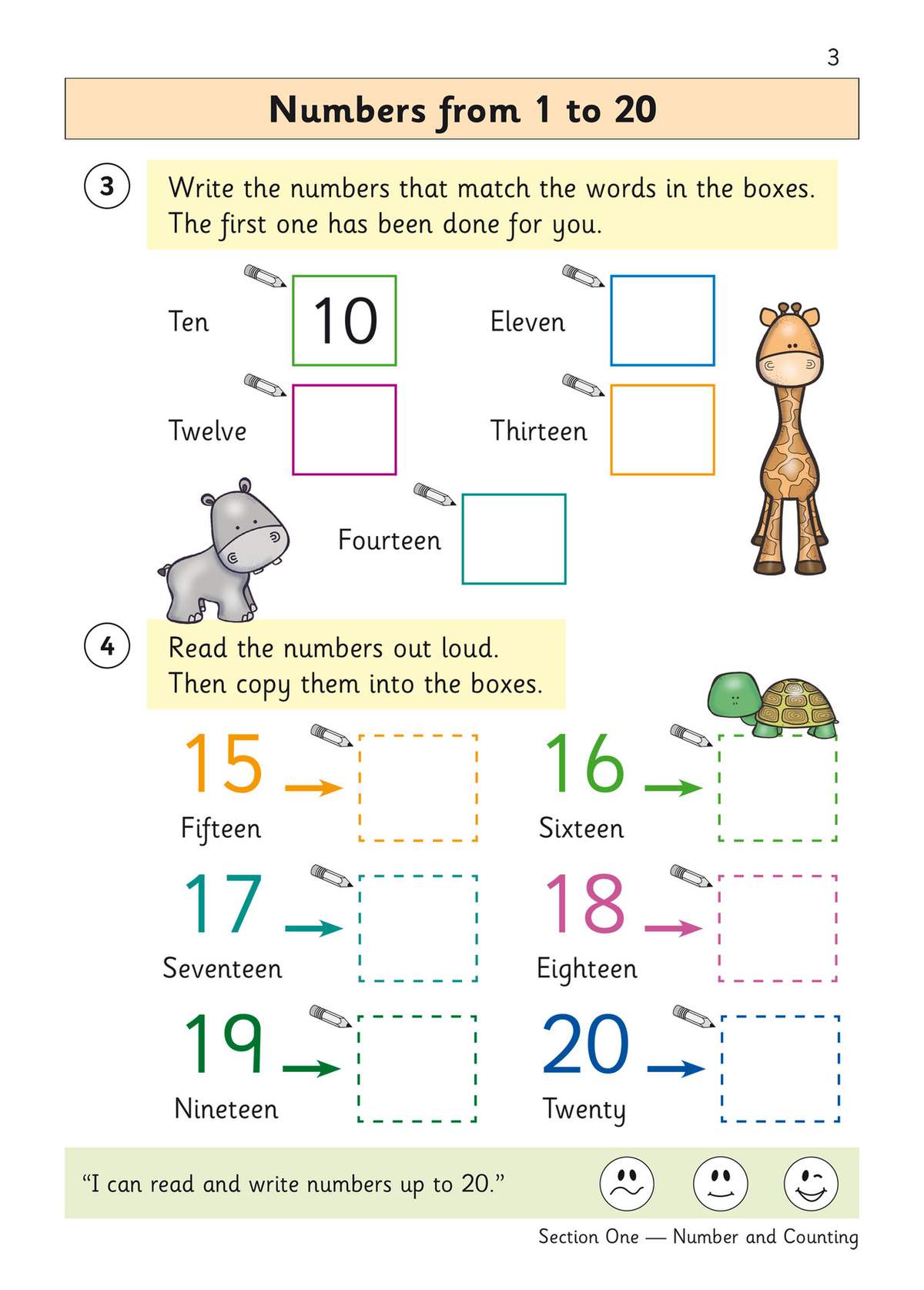 Children write numbers matching words, then copy numerals into boxes to practise writing numbers up to 20