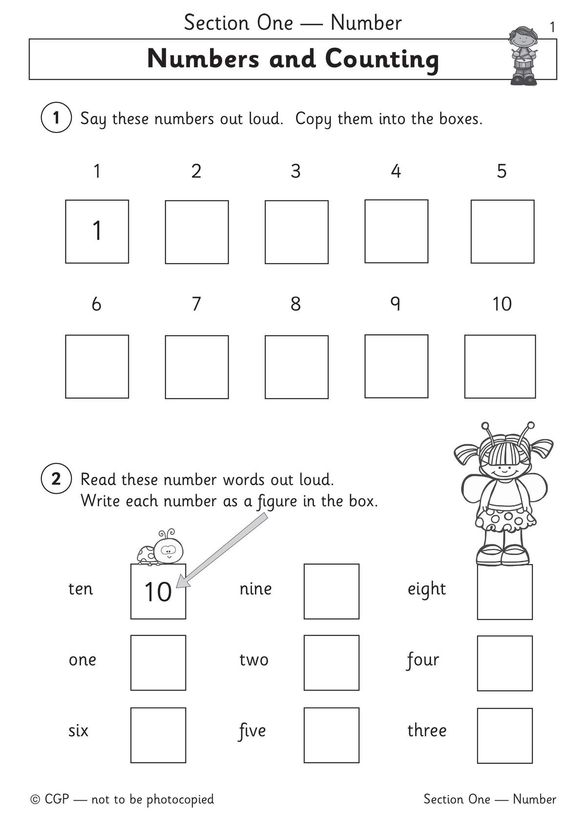Children copy numbers 1 to 10 into boxes, then write number figures from words like 'ten' and 'nine'