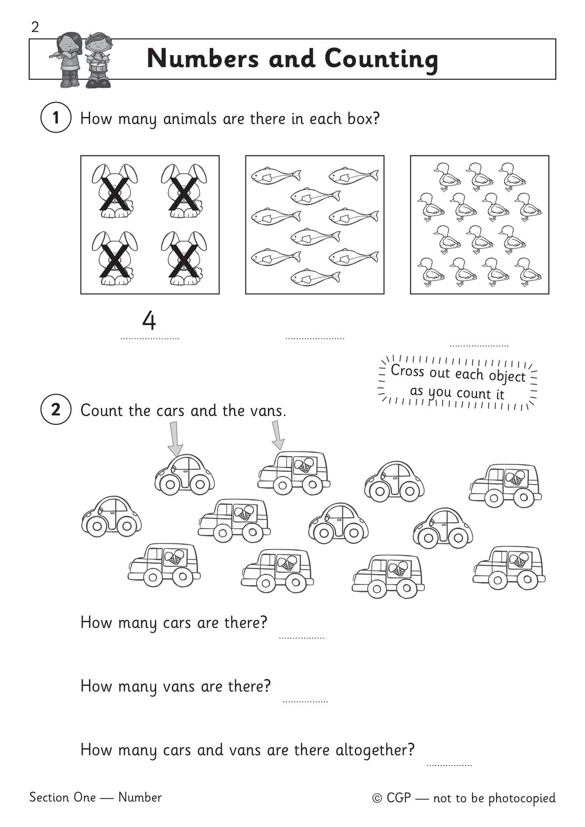 Children count animals in boxes, cross out cars and vans, then write the totals for each group and the sum